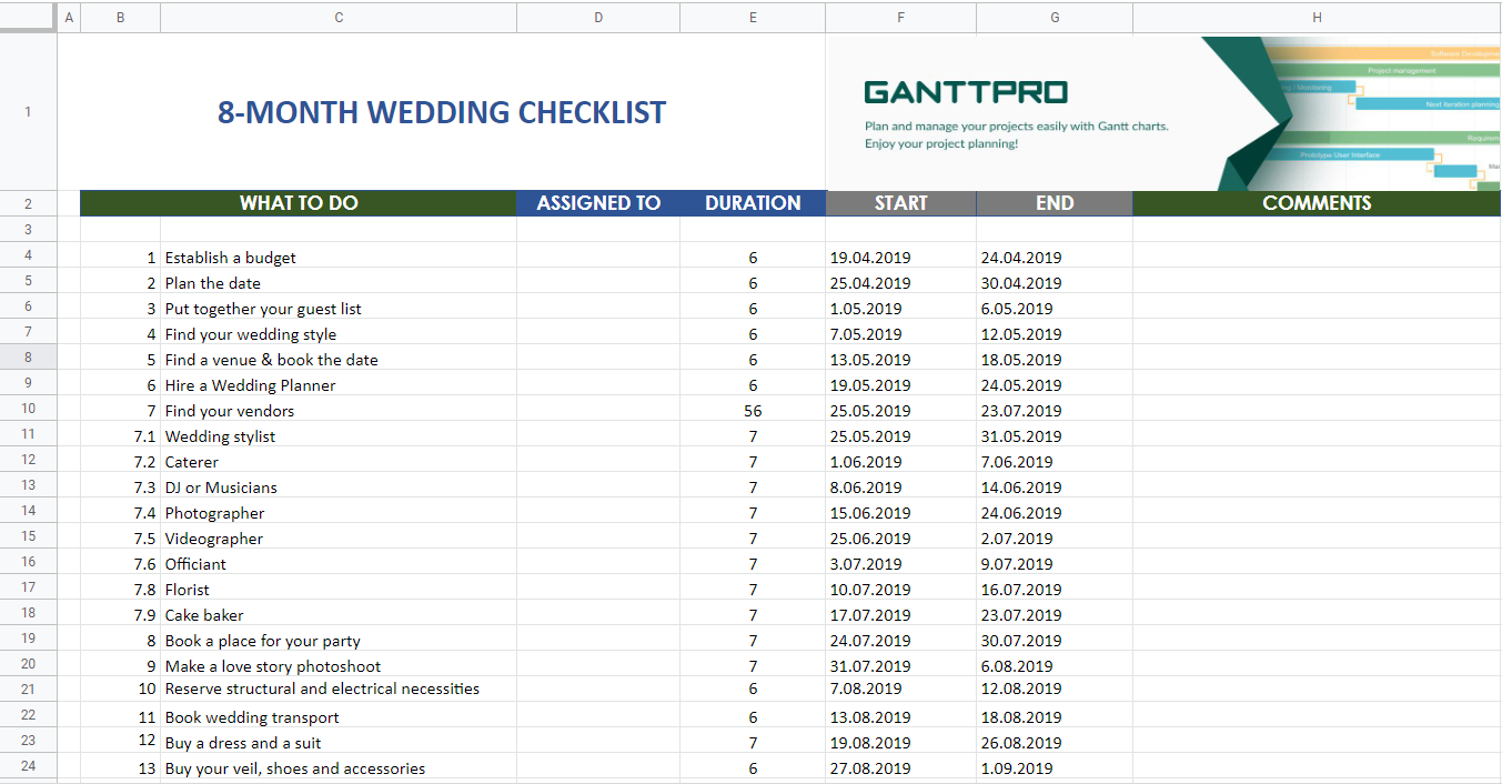 8 month wedding planning checklist | Excel Template | Free Download