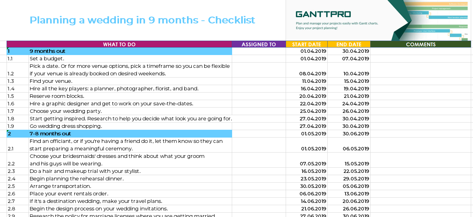 wedding planner excel sheet project management template