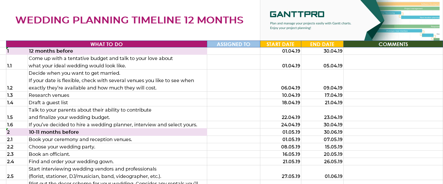 Wedding Planning Timeline 12 Months Excel Template Free Download