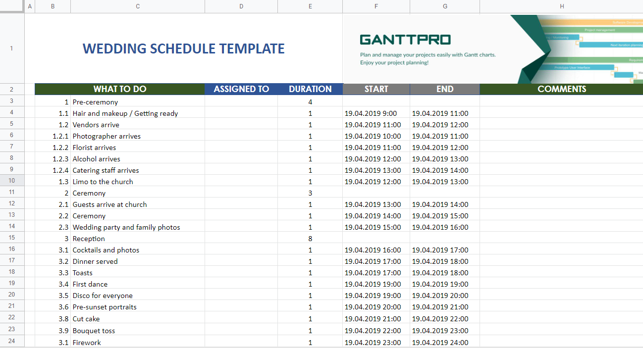 Wedding schedule template Excel Template Free Download